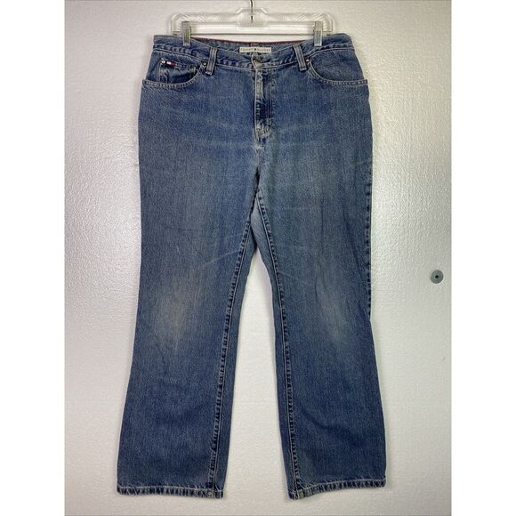 Vtg Tommy‎ Hilfiger Womens Jeans Sz 12 Boot cut Distressed Y2K Retro Flag Logo - Picture 1 of 12